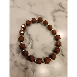 Brown Geometric Beaded Stretch Bracelet With Gold Accents